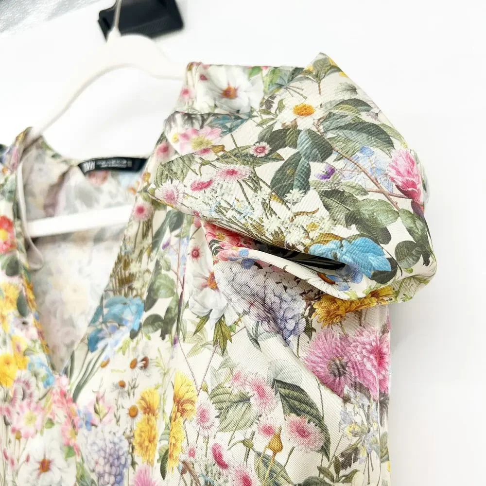 Zara Womens Cottagecore Spring V-Neck Puff Long‎ Sleeve Floral Blouse Size XS